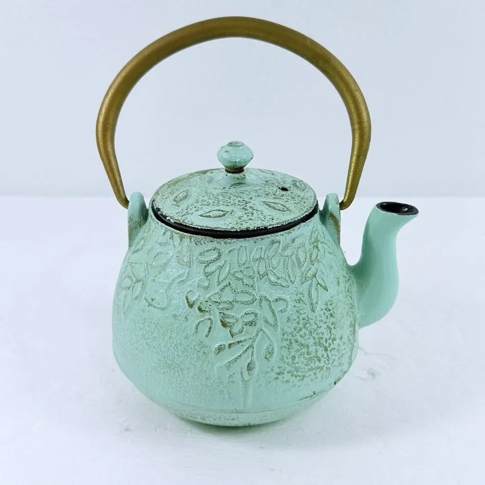 Vintage Japanese Cast Iron Teapot Green Embossed Leaf Design W/ Lid & Handle